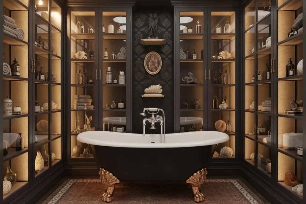 How to Embracing Eclectic Opulence to Maximalist Bathroom Decoration 11 A cabinet of curiosities in a bathroom