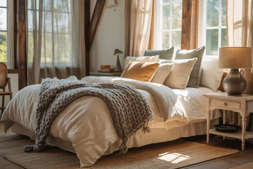 Textiles in farmhouse style bedroom