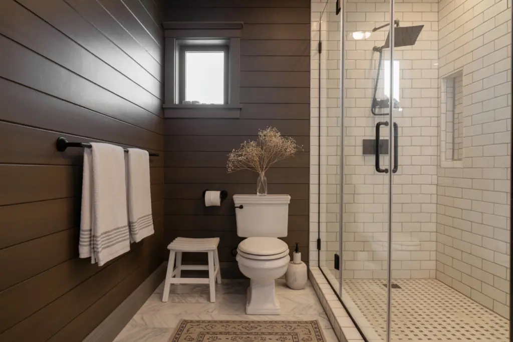 Bathroom accessories: how to choose bath mat and shower curtain 14 Brown bathroom with brown bathmat