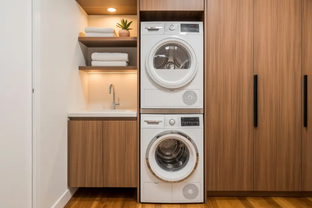Laundry Room Decoration: How to Combining Functionality and Style 9 stacking the washing machine and tumble dryer on top of each other in Laundry Room