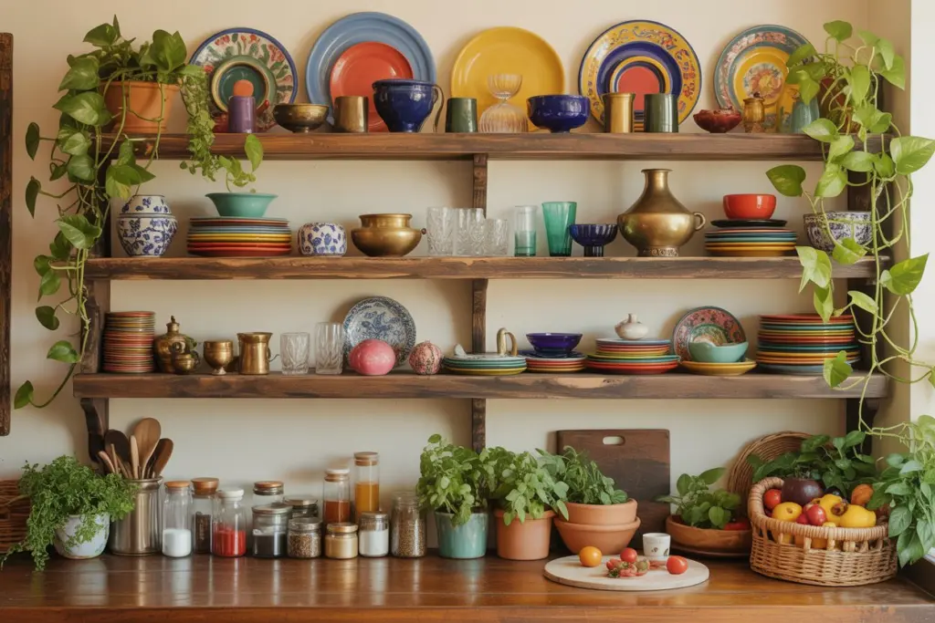 Find out How to create a Bohemian Kitchen 6 Open shelving for a bohemian kitchen