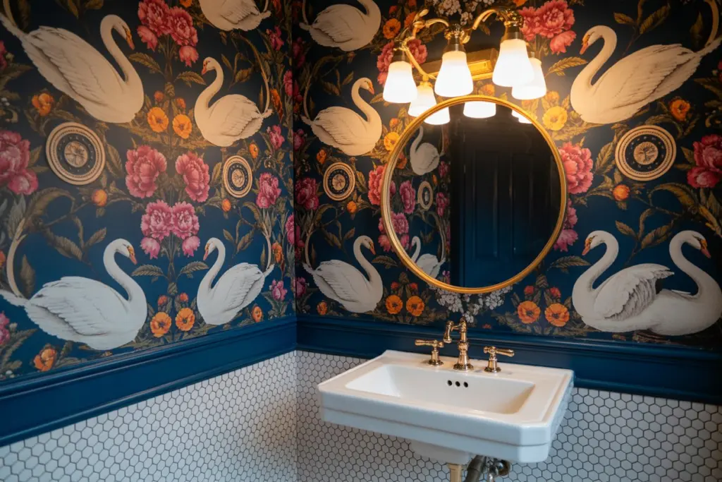 How to Embracing Eclectic Opulence to Maximalist Bathroom Decoration 4 Stylish wallpaper for a maximalist bathroom