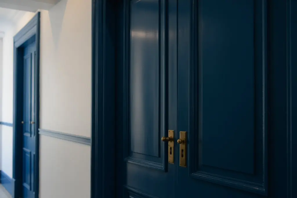 Blue door paint color and white walls