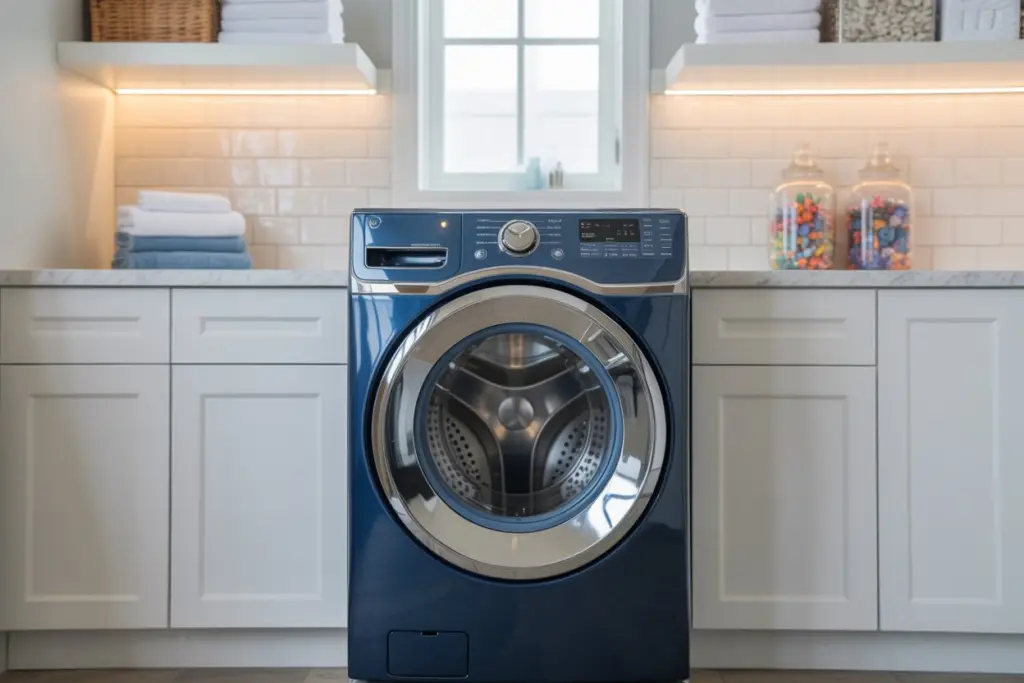 Laundry Room Decoration: How to Combining Functionality and Style 11 Blue Front Load Washer and Dryer Tucked Under Counter in my Laundry Room decoration