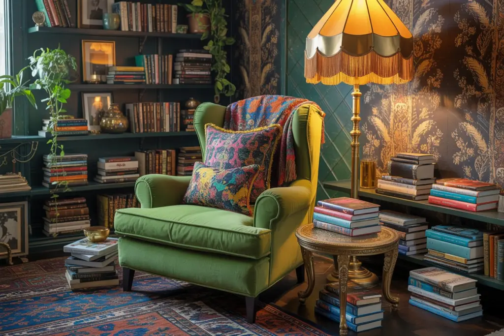 Maximalist Living Room: Everything you need to know about 12 A maximalist reading corner with a comfortable armchair