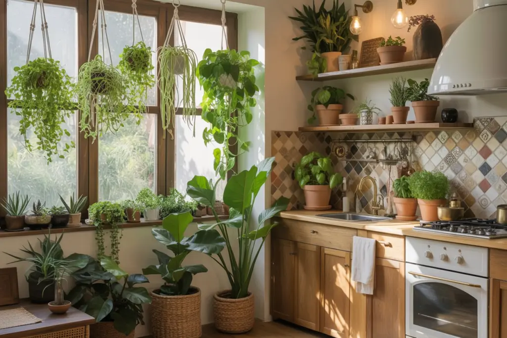 Find out How to create a Bohemian Kitchen 5 Green plants in bohemian kitchen