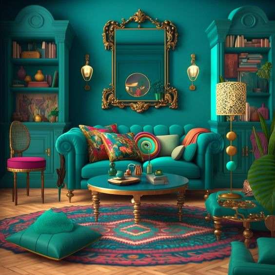 Teal and turquoise Maximalist Living Room 