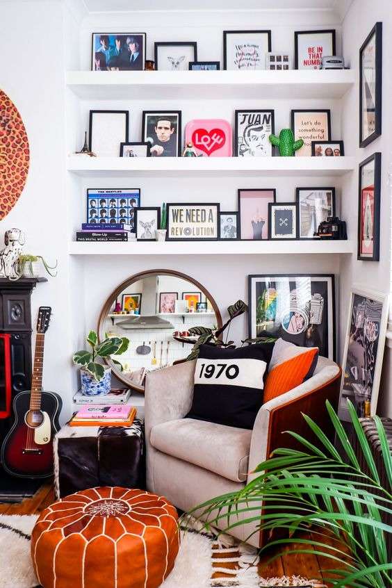 A maximalist reading corner with a comfortable armchair