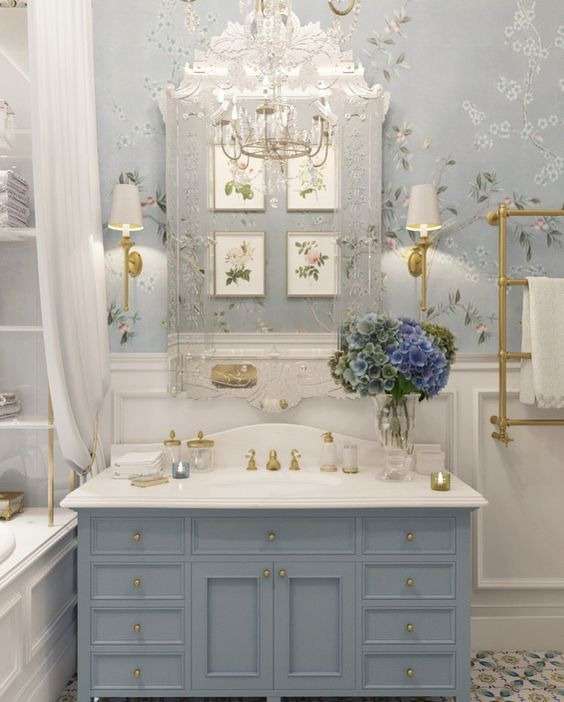Soft blue Maximalist Bathroom 