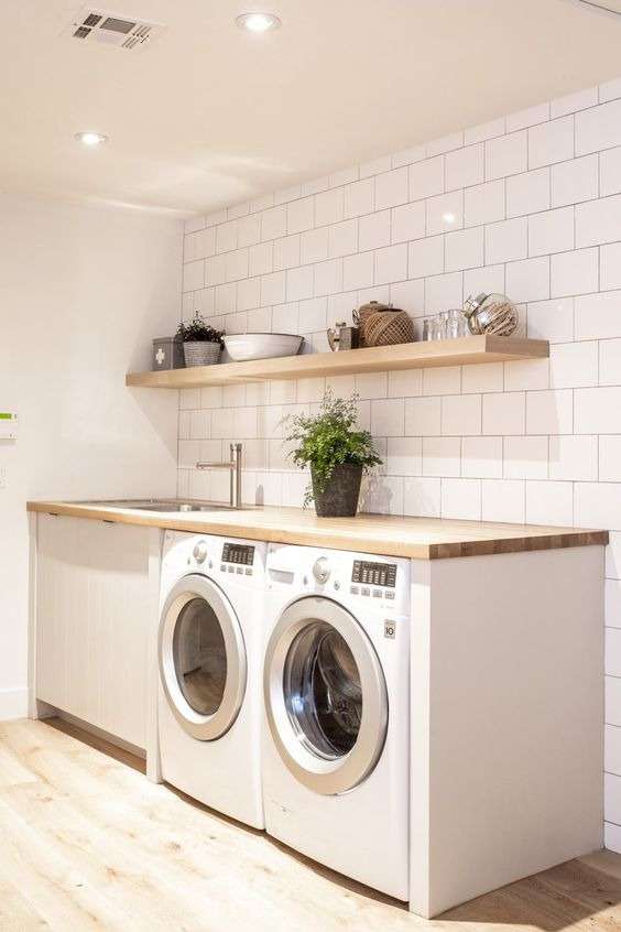 White metro tiles in laundry room