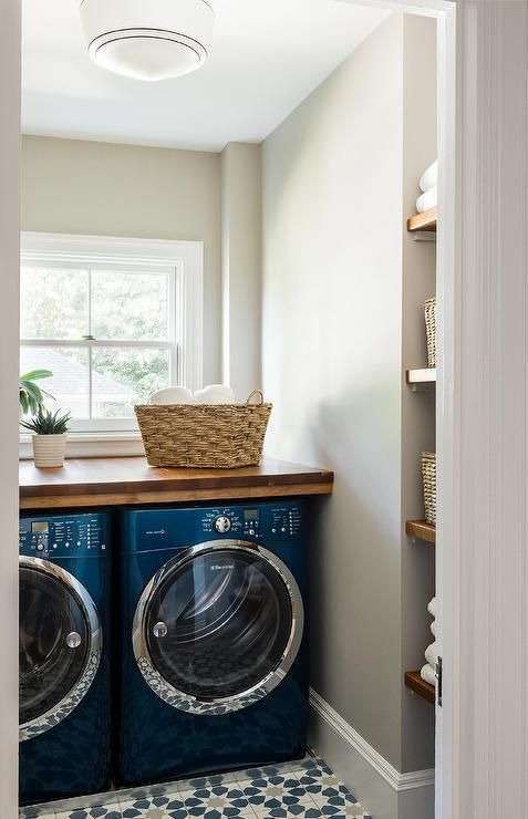 Blue Front Load Washer and Dryer Tucked Under Counter in my Laundry Room decoration