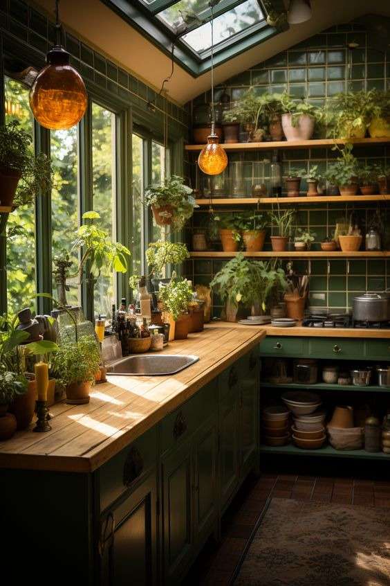 Green plants in  bohemian kitchen