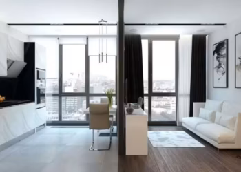 kitchen open onto living room