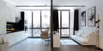 kitchen open onto living room