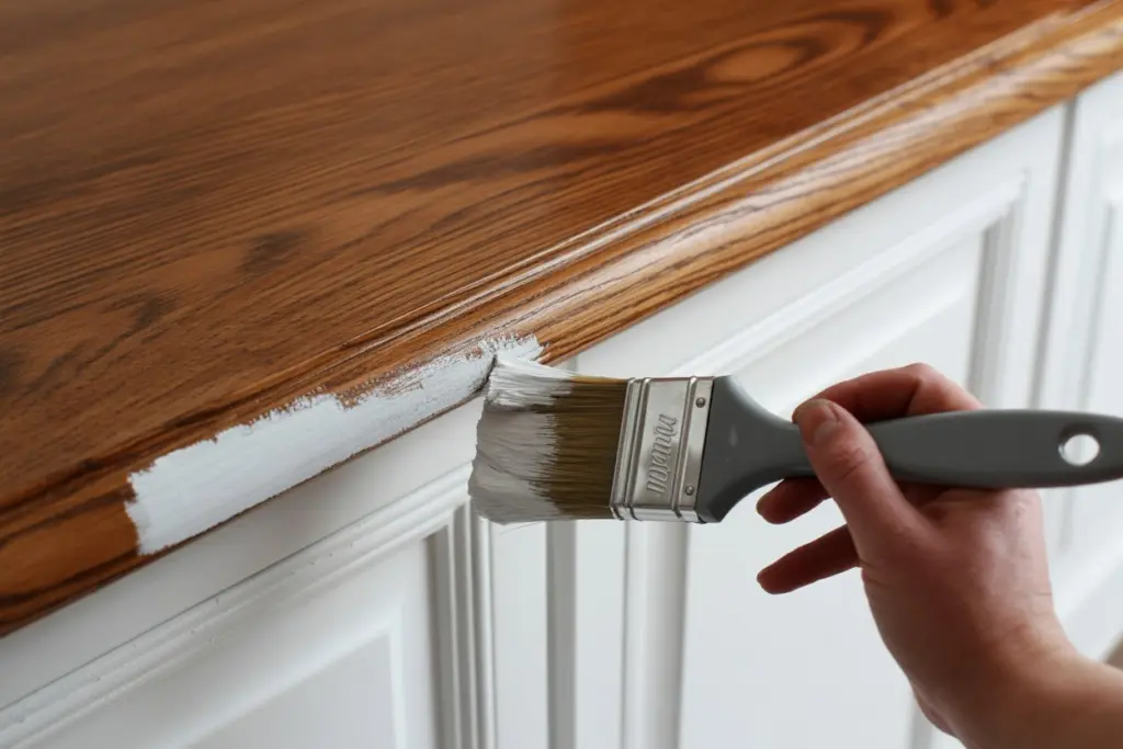 painting bathroom cabinets, use a foam roller or brush