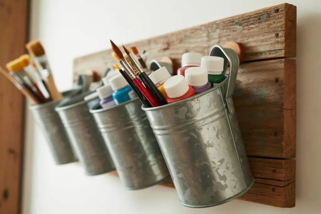 Glue bins to the wall for paint storage