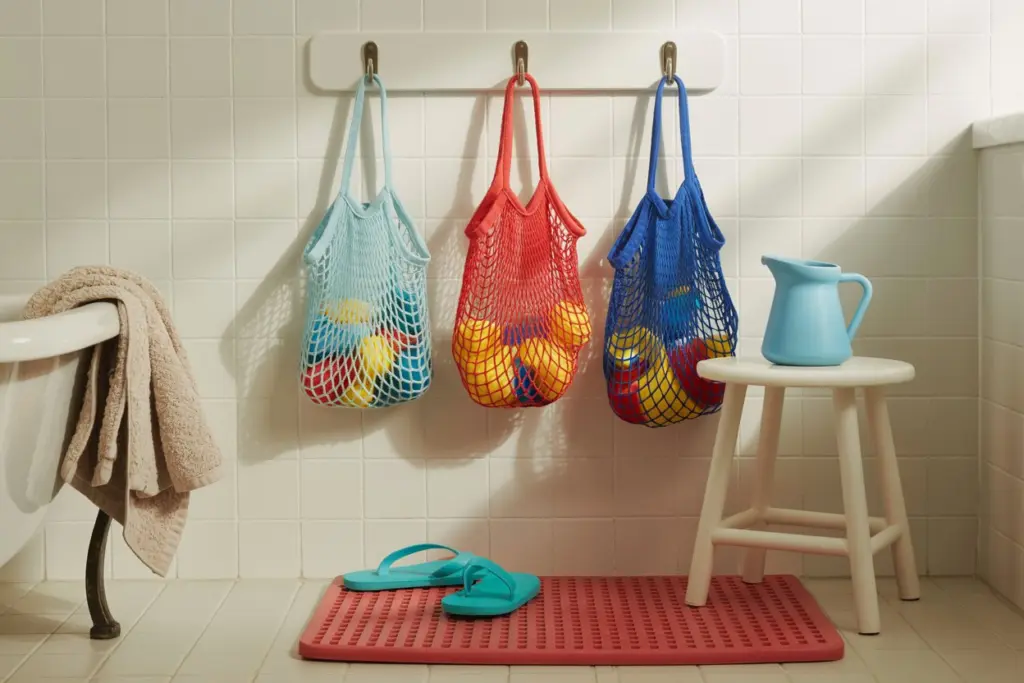  kids' bathroom with colorful baskets