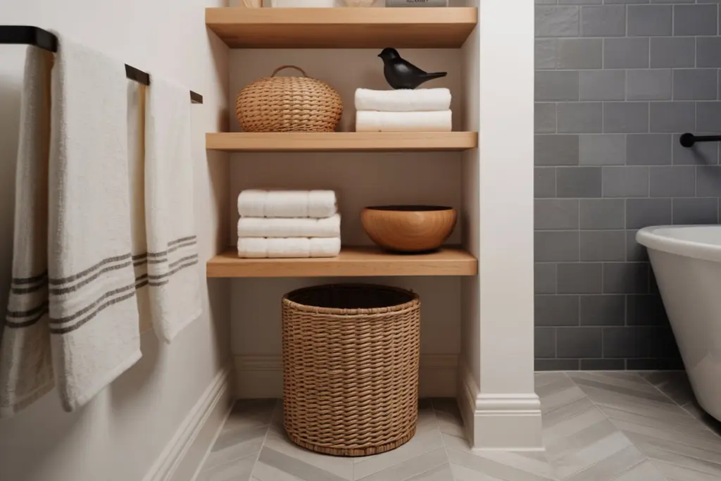Baskets and Open Shelving In Cottage Country bathroom