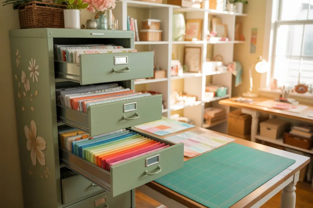 Fabric store in an old filing cabinet
