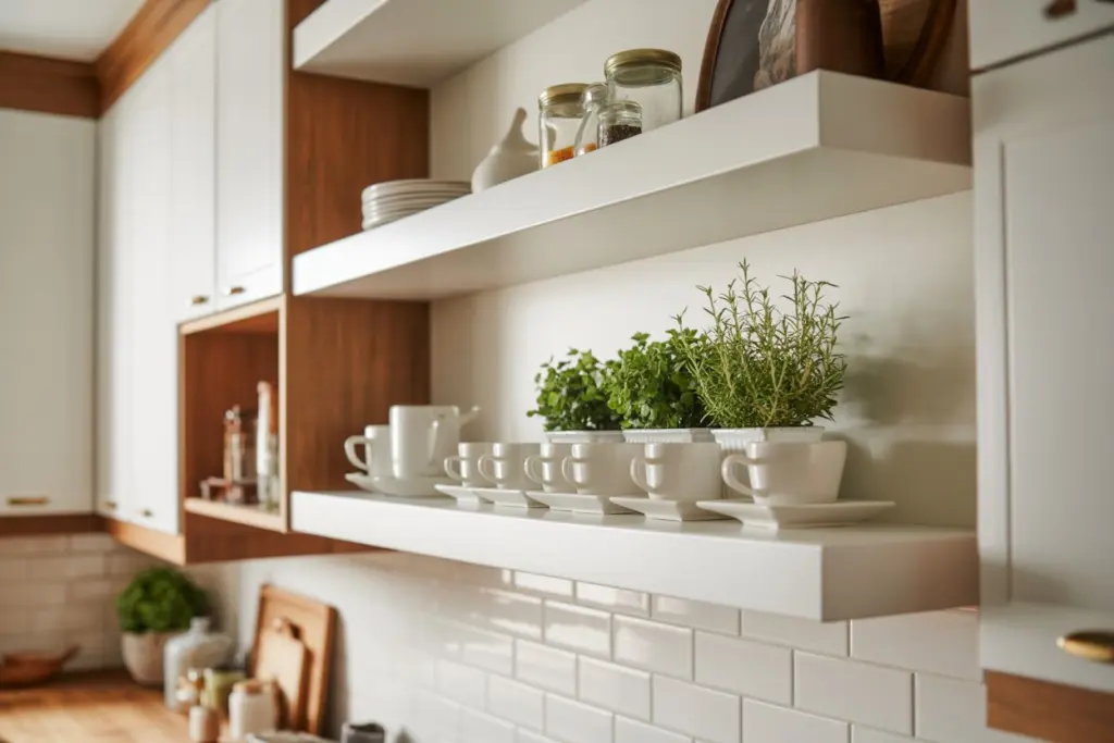 Kitchen Floating Shelves : An Amazing Storage Solution 6 floating shelves Upper Cabinets Below in the kitchen