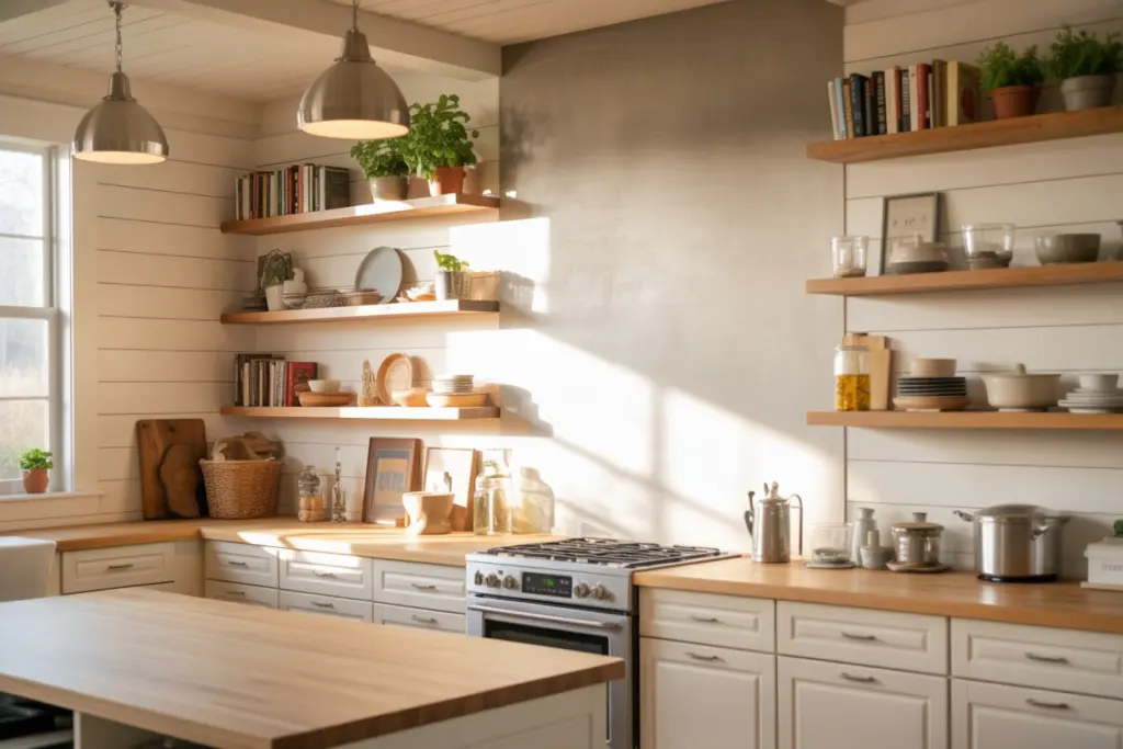 Kitchen Floating Shelves : An Amazing Storage Solution 7 Floating wood shelves in Empty Wall Spaces of the kitchen