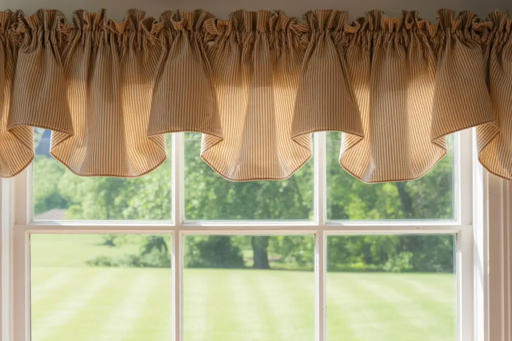 Country bathroom with window coverings cottage style.