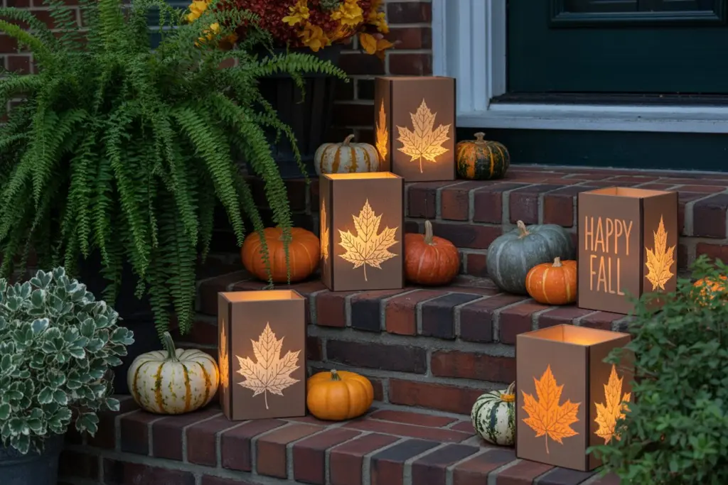 Enjoy the Beautiful Outdoor Fall Decoration in your home 20 paper bags with cutout designs of autumn leaves to craft your own luminaries