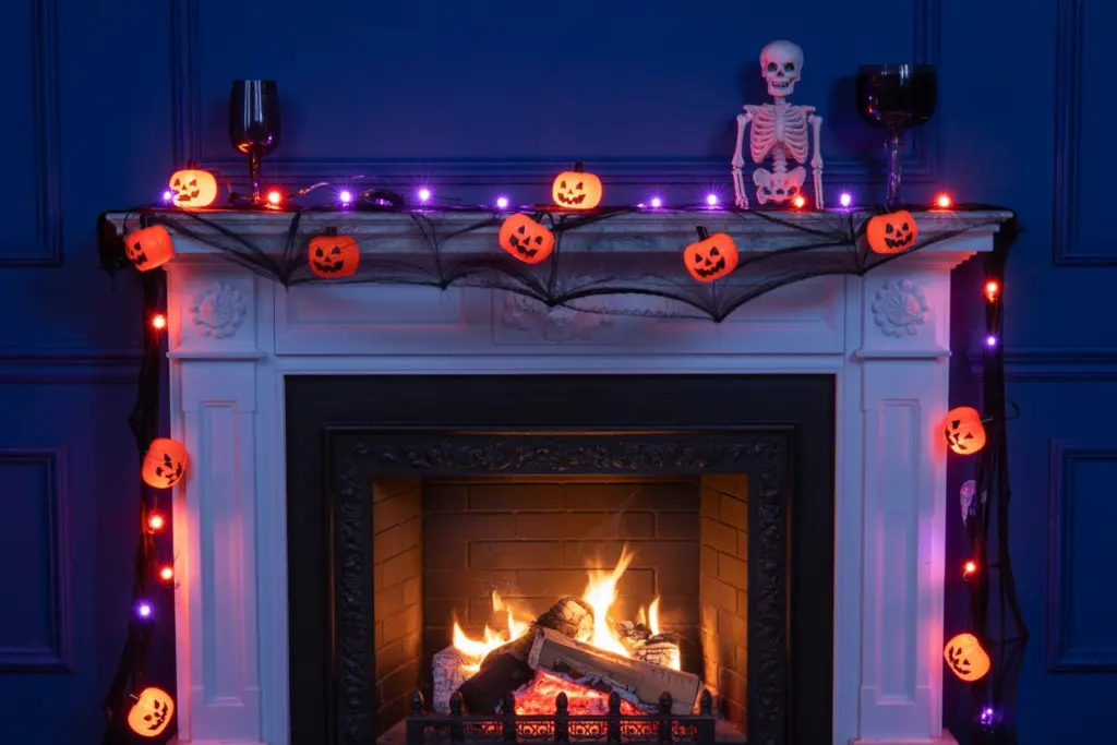 Colored Bulbs in a  Halloween-themed fireplace 