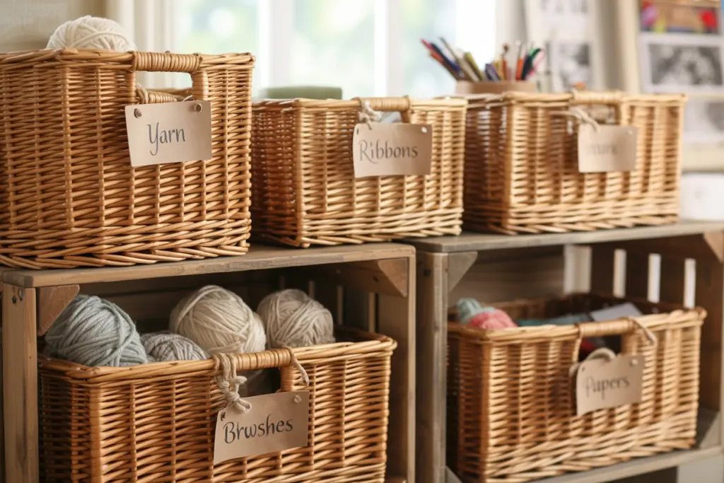 Label wicker baskets for craft room storage