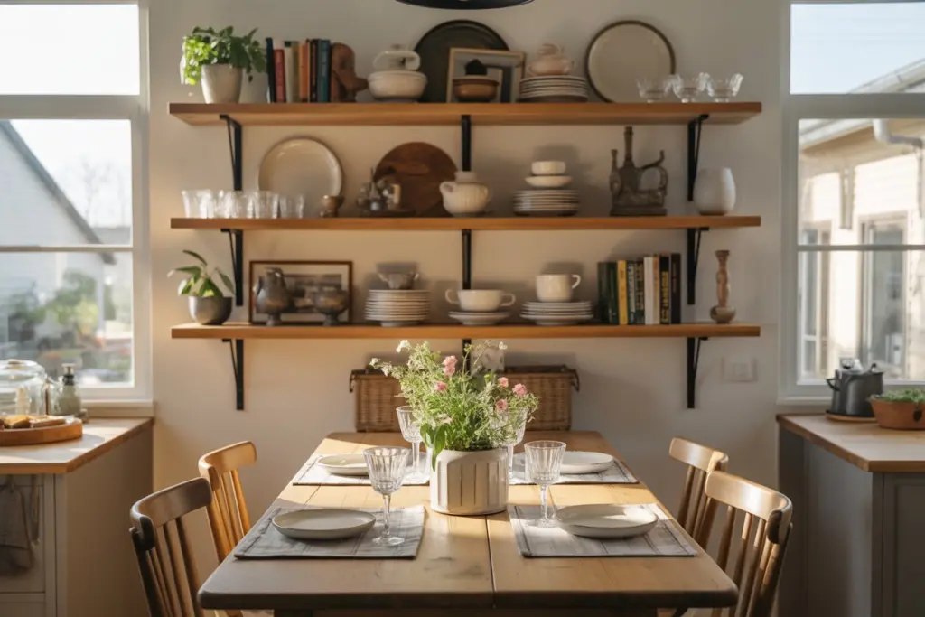 Kitchen Floating Shelves : An Amazing Storage Solution 9 floating shelves in the kitchen over or next to Breakfast Area or Dining Room