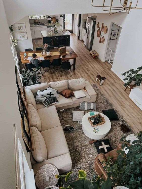 the dining table in the center of the living-dining room