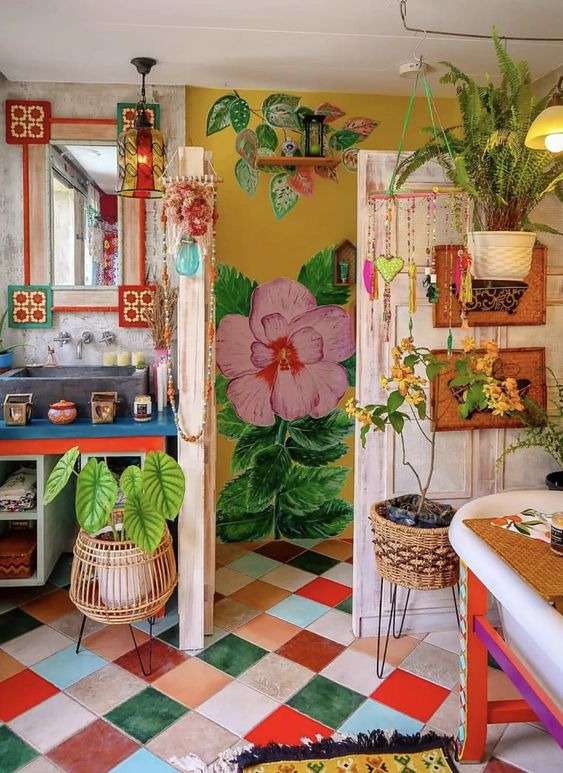 Bohemian Bathroom with Colored tiles:
