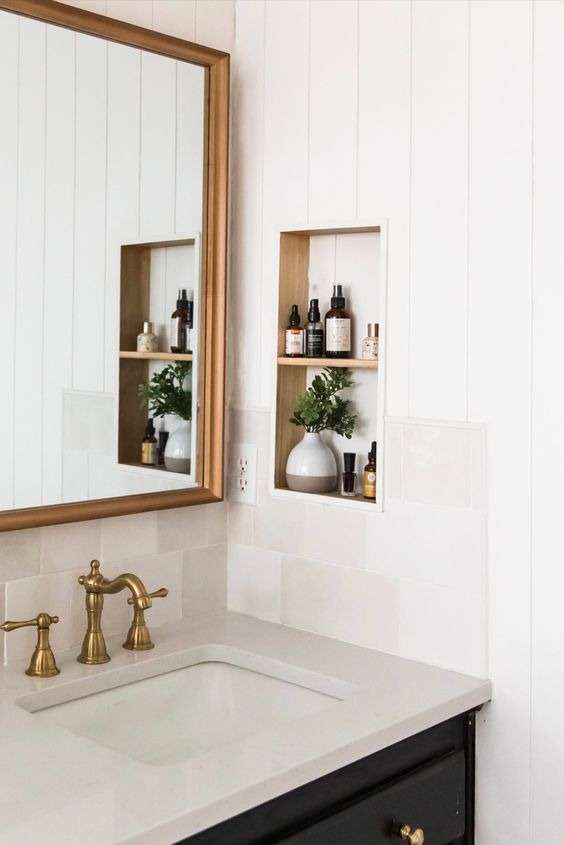 fashioning built-in shelves or niches using shiplap in bathroom