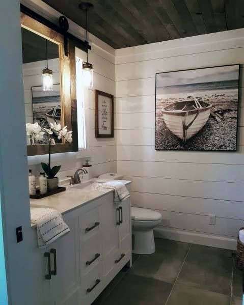 wallpaper that looks like Shiplap in bathroom