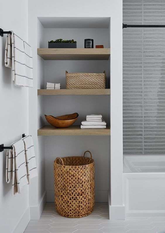 Baskets and Open Shelving In Cottage Country bathroom