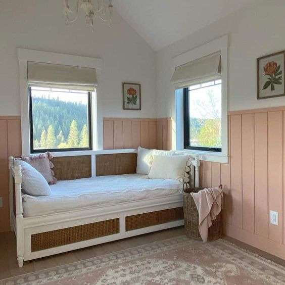 Peach vertical shiplap half wall 