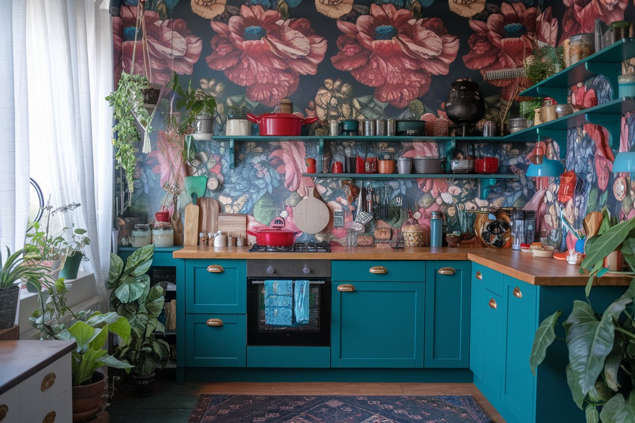 Colorful maximalist kitchen design
