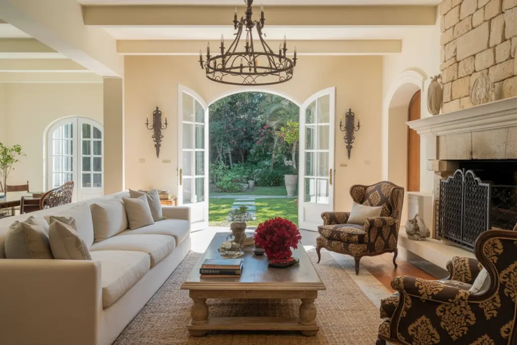 open-concept french country living room 