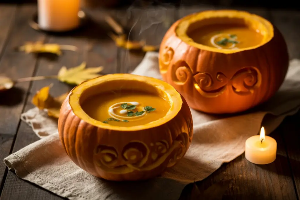 soup in hollowed-out pumpkins for Thanksgiving
