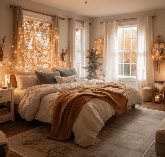 fal bedroom, fall aesthetic, fall theme bedroom
