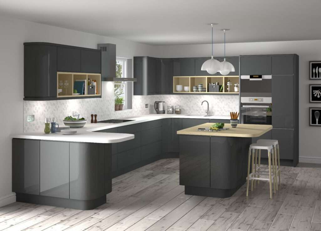 pairing glossy kitchen cabinets with a matte-finish wall paint 