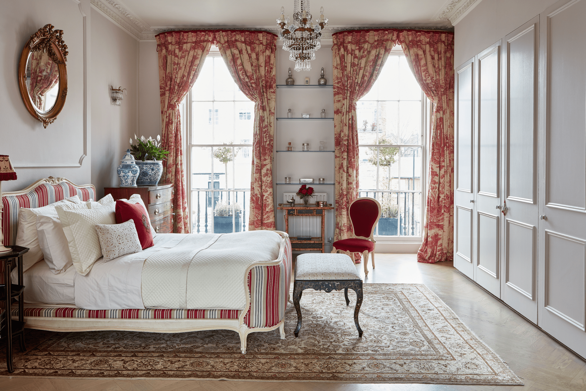 Textiles and Upholstery of elegant bedroom in Georgian home 