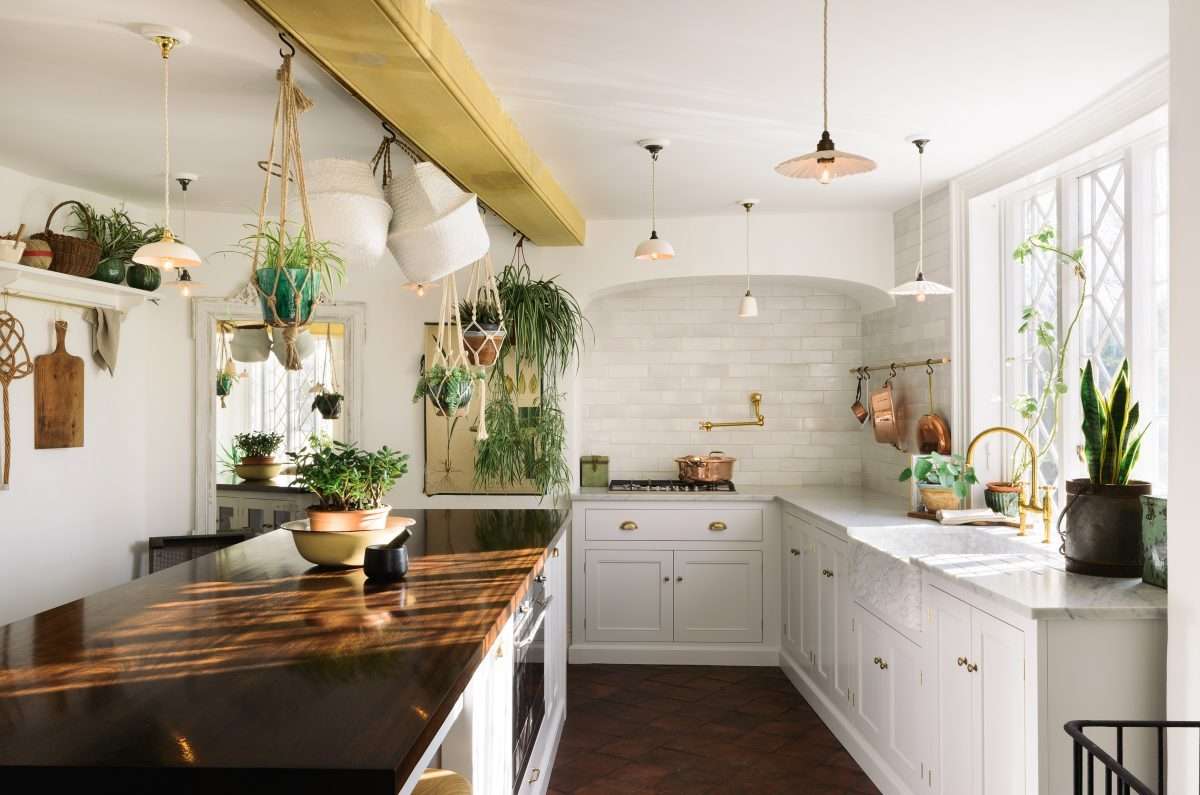 scandinavian cottage kitchen with plants and greenery
