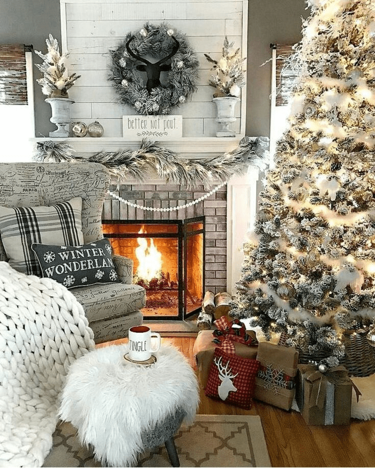 Snowy Mantel Display in Christmas Fireplace decoration