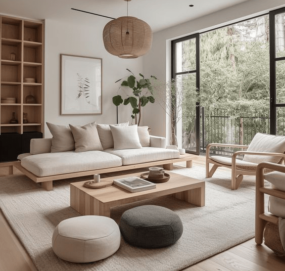 Minimalist neutral Japandi living room