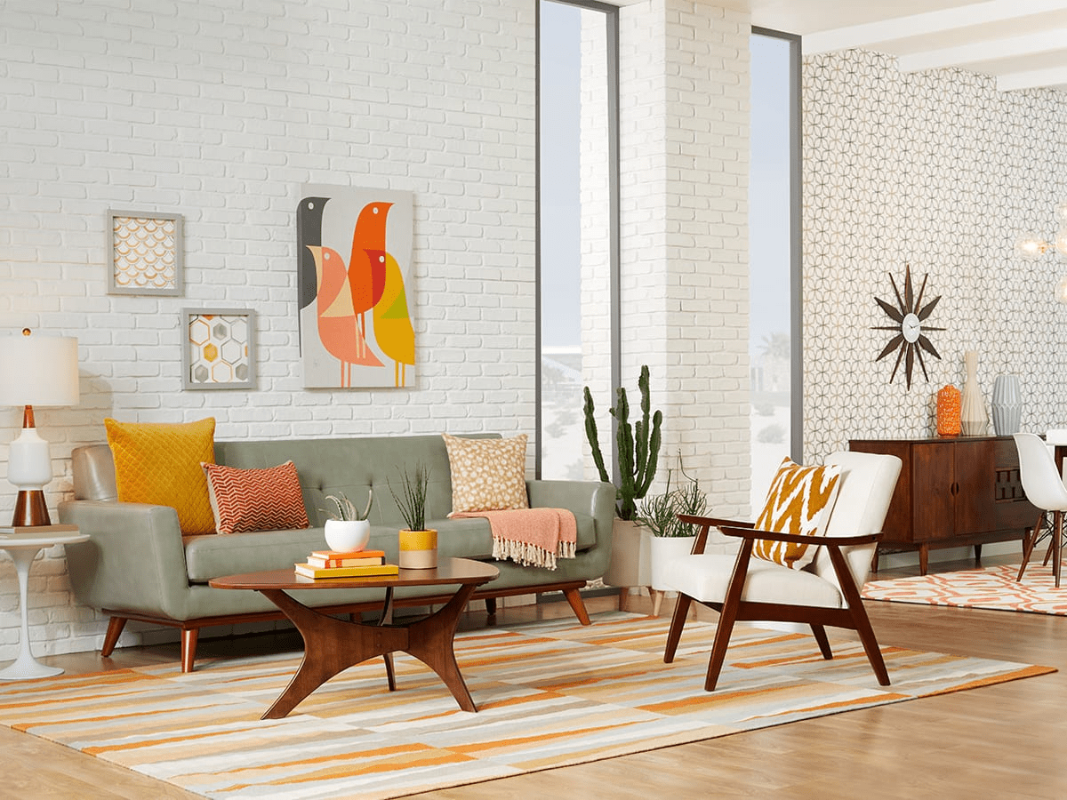 mid century modern open living dining room