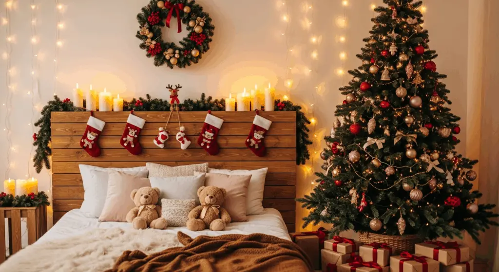 Rustic farmhouse bedroom decorated for Christmas