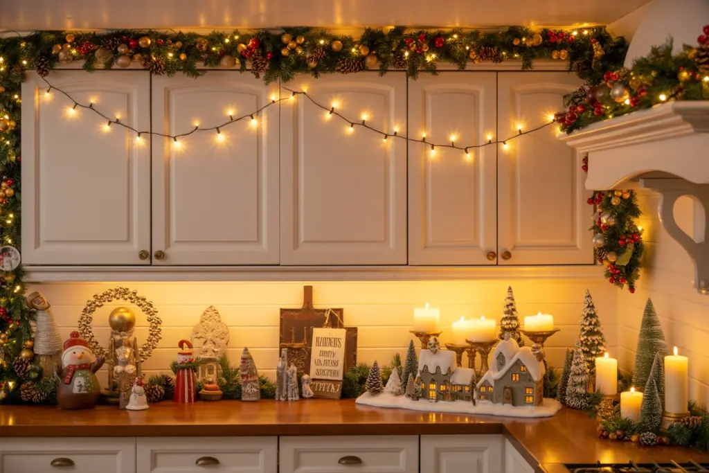 Christmas Decor on Top of Kitchen Cabinets
