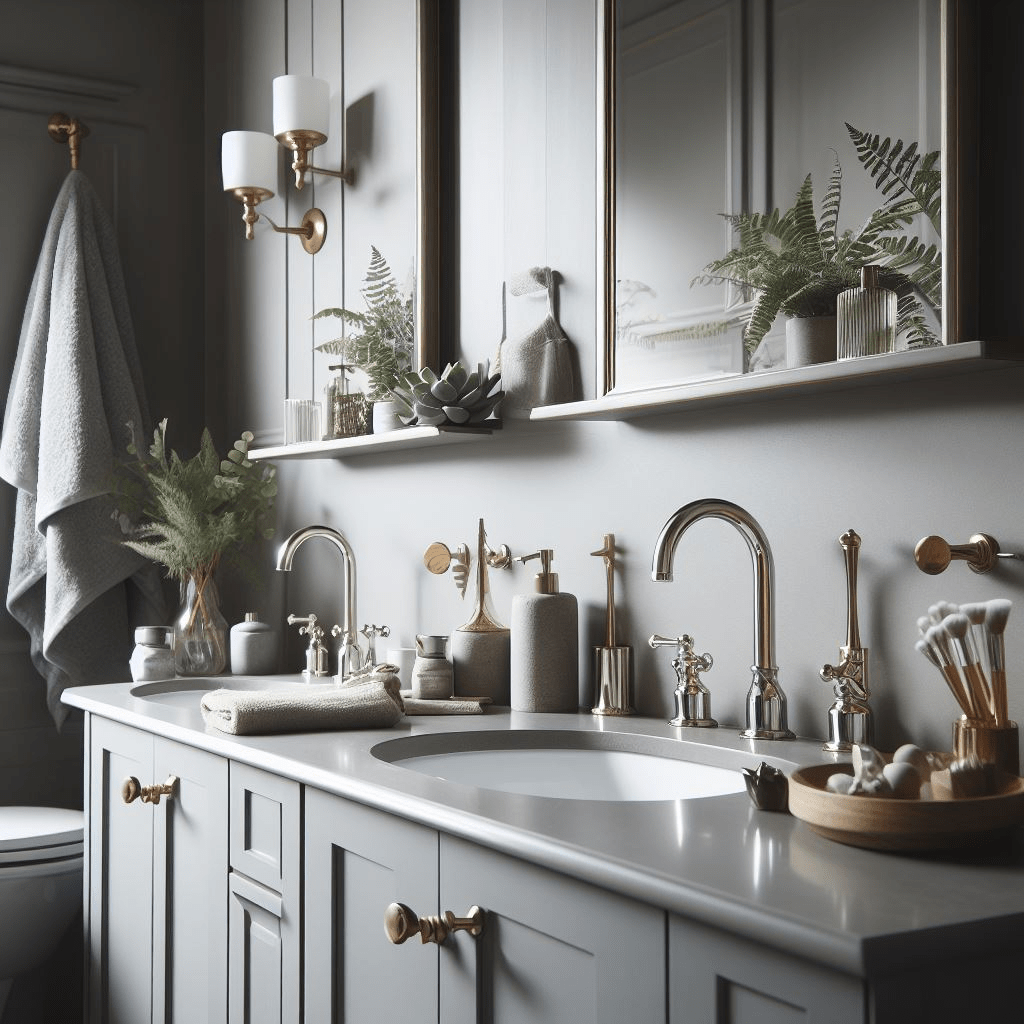 Gray bathroom Cabinets| Polished Nickel Faucets