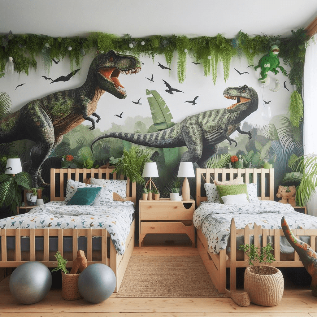 Twin Boy Room | dinosaur-themed decor